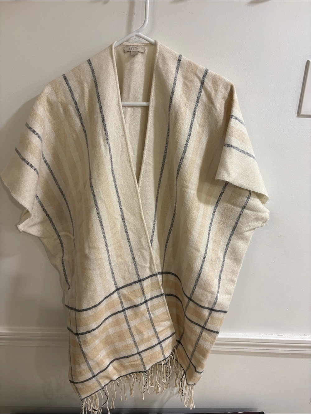 LOFT Cream and Beige Striped Fringe Throw Poncho